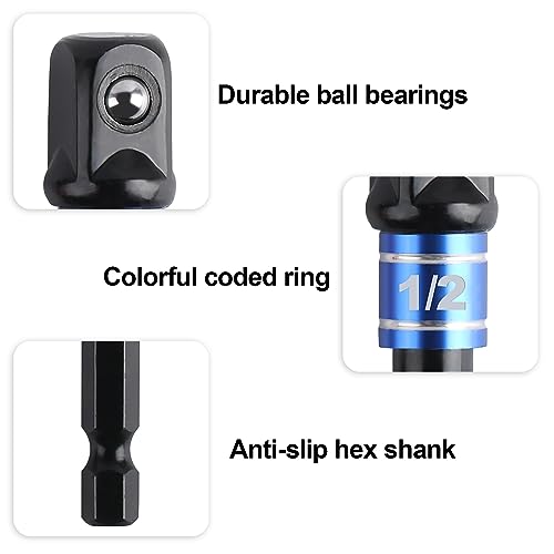 Impact Grade Sockets Adapter Extension Set, 4 Pcs Power Drill Sockets Adapter Set, Include 3 Pcs 1/4\" 3/8\" 1/2\" Hex Shank Drill Nut Driver Bits & 105 Degree Right Angle Screwdriver Set