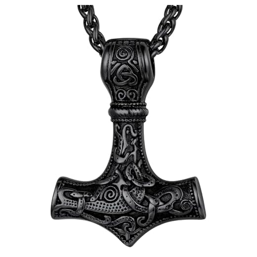 FaithHeart Collar Martillo de Thor Negro Hombre Acero Inoxidable 316L Joyería Germánica Noruega Amuleto Protección Odin Collar Vikingo Nórdico Guerrero