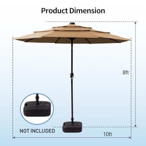SUNBURY 9FT 3-Tier Solar LED Lights Patio Umbrella, Large Outdoor Umbrella with 8 Ribs, Outside Market Umbrella Sun Shade for Deck, Backyard, Poolside (Khaki)