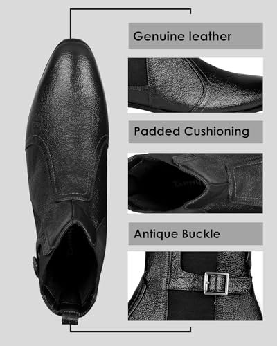Image of Tanny Shoes Men's Genuine Leather Chelsea Zip Boots, Black For Casual Party Business banker Moccasins Slipon Style Comfortable Lightweight with TPR sole
