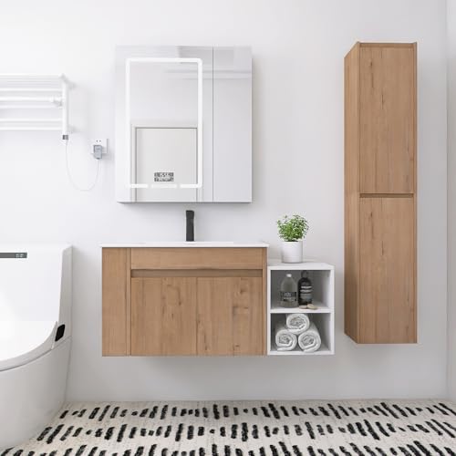 GLORAFIN 42 Inch Modern Floating Bathroom Vanity, Brown Wall Mounted