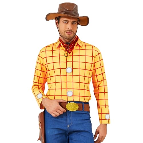 GreenCos Woody Shirt Men's Plaid Button Down Long Sleeve Work Casual Shirt - Yellow - Large