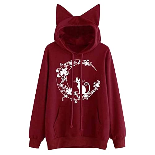 Katze Hoodies für Frauen Nette Katzenohren Kapuzenpulli Langarm Pullover Pullover Neuheit Bedrucktes Shirt Top Cover
