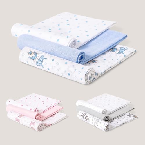 Interbaby Musselinas Bebé Algodão 80x80cm | Pack 3 Gasas para Bebés Recém-Nascidos, Amamentação, Toalha, Manta | Musselinas Bebé Confortável, Suave, Respirável | Design Paraquedista Azul