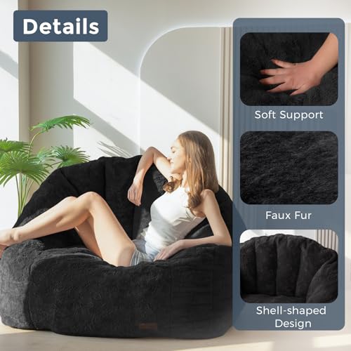 Image of MAXYOYO Giant Bean Bag Chair, Oversized Bean Bag Couch for Adults and Kids, Faux Fur Shell-Shaped Large Chair with Filler, Stuffed Big Accent Sofa Lounge Floor Sofa for Gaming, Reading, Black