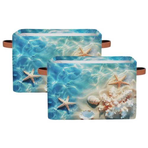 AUUXVA Storage Basket Tropical Sea Beach Starfish Seashell Storage Cube Box Durable Canvas Collapsible Toy Basket Organizer Bin with Handles for Shelf Closet Bedroom Home Office