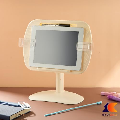 Image of 1 Compartment Portable Adjustable Tablet Holder with Folding Hands Rotatable Book Stand Holder for Reading - Ideal for Cookbooks, Sheet Music, and More - Textbook Holder Organizer (Yellow)