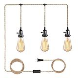 CAFULAM 3 Light Hemp Rope Plug in Pendant Light Rattan Hanging Lights with Plug in Cord with Woven Lamp Shade, Plug in Cord Hemp Rope Hanging Lamp