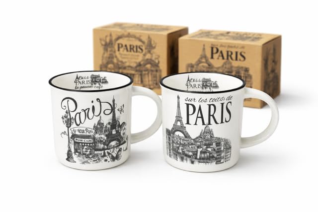 Générique Lot de 2 Mugs Paris 380 ml en Céramique – Grandes Tasses Café Thé – Parisien – Coffrets Cadeaux Prêts à Offrir – Souvenir de Paris Élégant –...