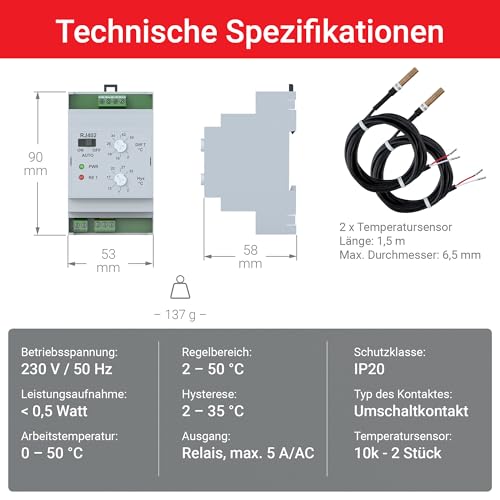 ELEKTROBOCK RJ402 Temperatur-Differenzschalter | 𝑳𝓐𝑵𝐆𝑳𝜠𝓑𝑰𝐆 | für Kreislaufpumpe und Solarsystem - DIN-Leiste - Mit 2 Externen Sensoren