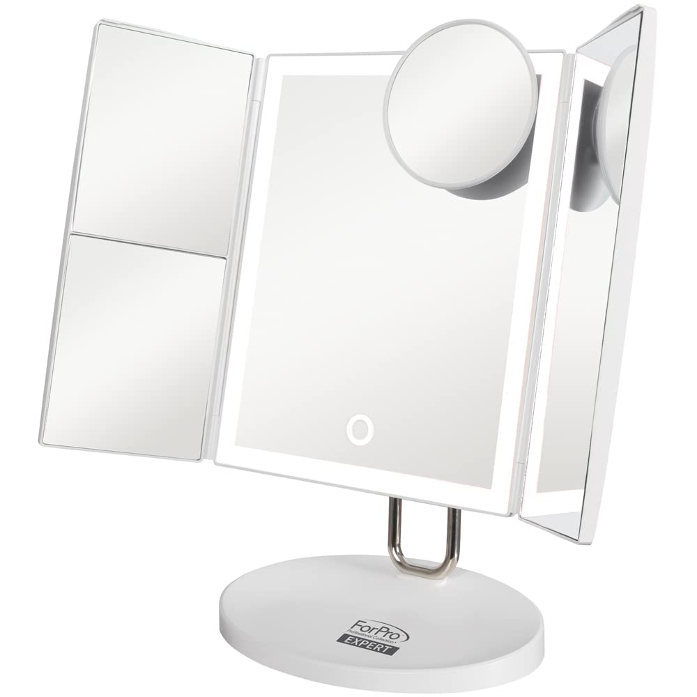 ForPro Professional Collection Expert Rechargeable LED Tri-Panel Makeup, Dual-Powered, Vanity Mirror with 34 LED Lights, 1X/2X/3X/7X Magnification, Matte White