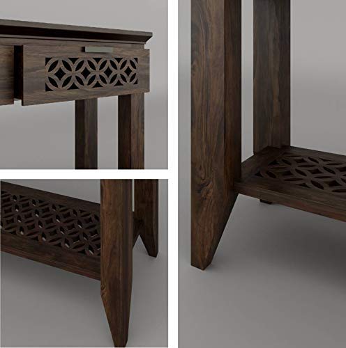Image of Solid Sheesham Wood Console Table for Living Room | Entryway Hallway Sofa & Fish Tank Table with 2 Drawers & Shelf Storage | Wooden Side Furniture | Warm Chestnut Finish