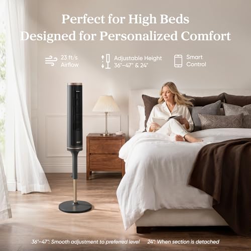 Image of LEVOIT Tower Fan for Bedroom, Smart Standing Fan with 36 inch-47 inch Adjustable Height, 28dB Quiet for Sleep, 90 Oscillating Room Fan, 23 ft /s Velocity, 5 Speeds 4 Modes, 12H Timer, Remoter, for Home, Grey