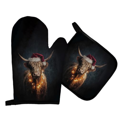 Qeheb Highland Cow Christmas Oven Mitts and Pot Holders Sets, Dark Moody Western Cattle Christmas Oven Mitts, Highland Cow Gifts for Women Over Mittens for Kitchen Decor, Xmas Over Gloves Gifts