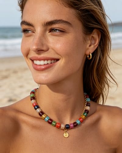 Bowdcvy Chunky Beaded Statement Necklace for Women Trendy Colorful Boho Resin Bead Choker Necklaces Summer Handmade Jewelry Gifts Accessories (Colorful - 3) — view 4