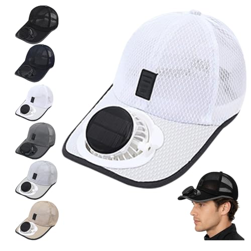 Solar Rechargeable Peak Cap USB & Solar Powered Fan Hat Breathable Lightweight Headwear Hat with Fan for Outdoor Hiking Camping Travel (White)