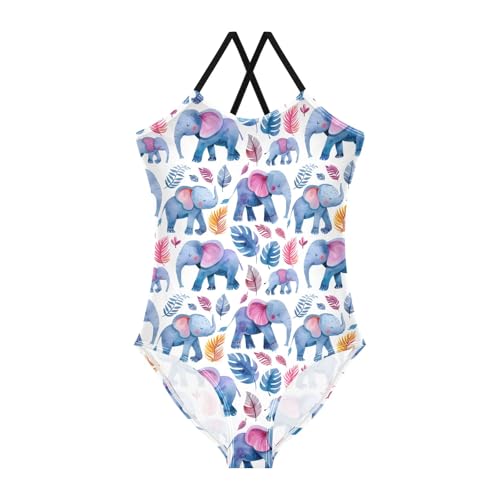 senya Girls Swimsuits One-Piece Swimwear Tie Bathing Suit Beach Summer Round Neck 7-8T Watercolor Elephants Tropical Leaves