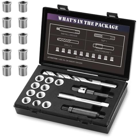 SENNMONN Thread Repair Kit M12X1.25, with Tap,Counterbore,Installation Driver,15mm Insert HSS Drill, Stainless Steel Insert M12X1.25X15mmX10 PCS Cover