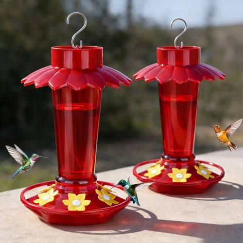 Fchstaer Plastic Hummingbird Feeders for Outdoors Hanging, 2 Pack 10 OZ Red Humming Bird Feeder with 6 Feeding Ports and Perch, Built-in Ant Moat, Gifts for Women Garden Decor