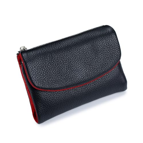 Unisex Pebble Leather Wallet,Short Slim Soft Genuine Leather Purse with Credit Card Holder & Cash Slots,Full Grain Small Compact Bifold Pocket Coin Purse,Multicolor Zipper Coin Holder(Black+red)