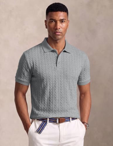 Image of JMIERR Men's Cable Knit Polo Shirts Elasticity Short Sleeve | Men's cable knit polo shirt with elasticity, machine wash, short sleeve, breathable textured knit for spring summer
