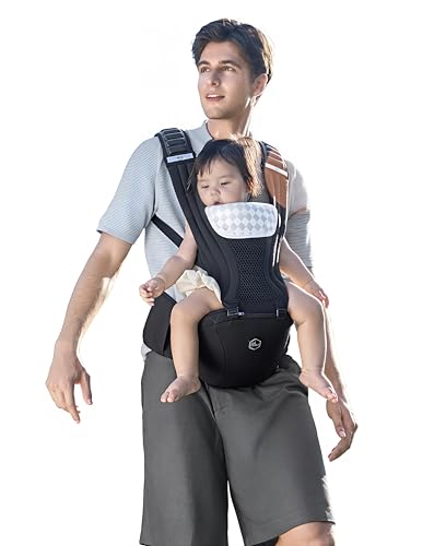 HBR Baby Carrier with Hip Seat Non-Slip Seat Air-Padded Shoulder Straps for Less Pressure 6-in-1 Ergonomic Breathable Infant Carrier Front-Facing Hands-Free Up to 45 lbs 47 in AirMesh Black