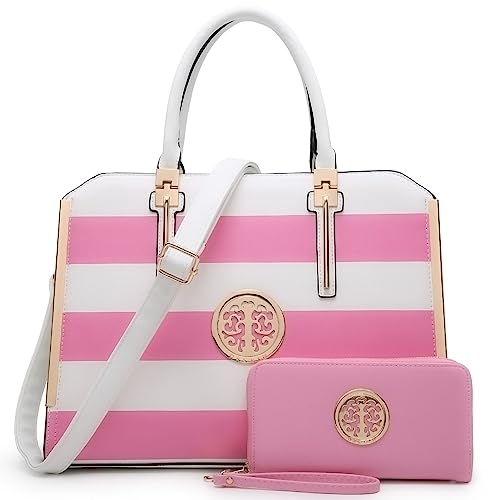 Dasein Women Large Handbag Purse Vegan Leather Satchel Work Bag Shoulder Tote With Matching Wallet (Pink/White) #TOP8