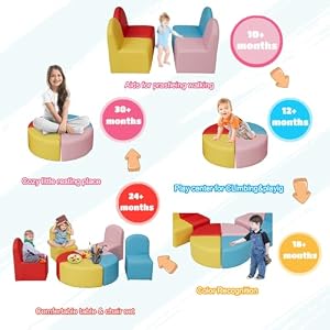 Kinsuite Kids Sofa Seating Set Convert to Table and 4 Chairs Colorful Stools for Toddlers Soft Foam Play 8 PCs Set for Classroom