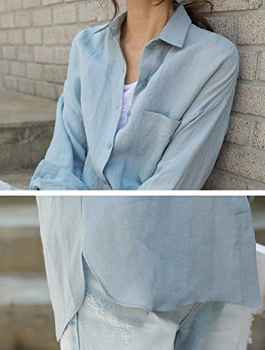 Mordenmiss Women's Button Down Shirt Linen Long Sleeve Blouse Casual V-Neck Tunic Tops Gray Blue 2Xl #TOP5