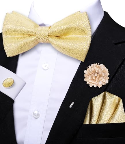Image of Hi-Tie Bow Ties for Men Pre-Tied Pocket Square with Cufflinks Mens Bowtie Sets for Wedding Formal Party