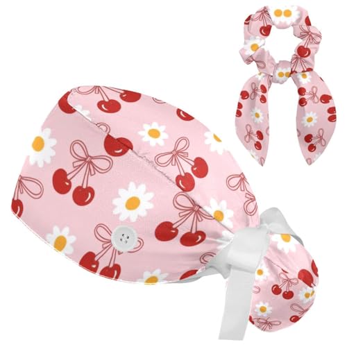 Image of Butterfly Scrub Cap Women with Ponytail & Buttons Adjustable Surgical Nurse Hat with Cotton Sweatband for Long Hair