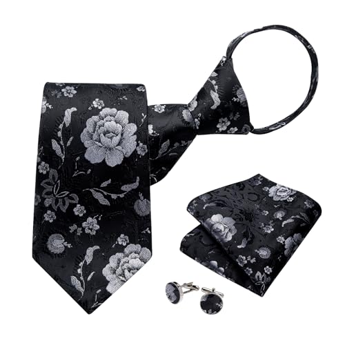 Image of DiBanGu Mens Zipper Ties Silk Adjustable Necktie Pocket Square | Paisley /Striped Pattern,Pre-tied Gift Tie Sets,Jacquard Woven,Pocket Square Cufflinks,Great for Formal & Business Wedding