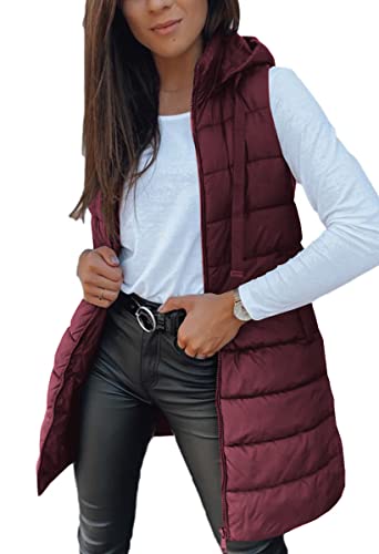 Veatzaer Women Long Vest Solid Color Sleeveless Hood Winter Puffer Vest Outwear #TOP20