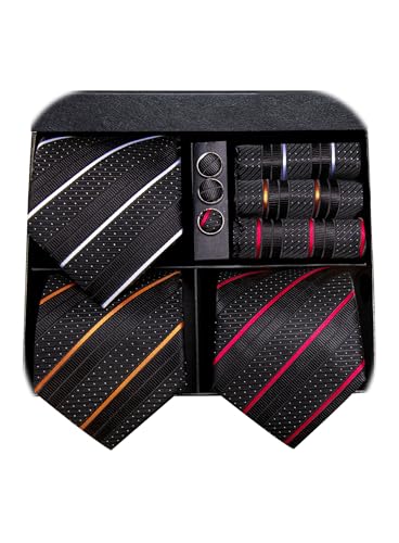Image of Hi-Tie 3 Pcs Gift Box Mens Tie Set Necktie with Pocket Square Cufflinks Lapel Pin Silk Neck Tie Collection