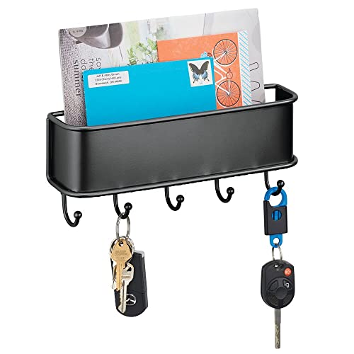 mDesign range clé mural avec plusieurs accroches clés – rangement suspendu pour courrier, clés, téléphones, laisses pour chien, etc. – porte courrier avec rangement en métal – noir