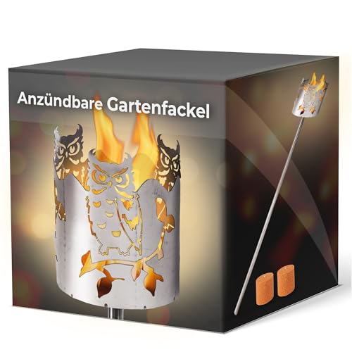 Antorcha de jardín para exterior, diseño de búho, 2 elementos combustibles, virutas de madera con cera, antorcha sueca, antorcha de pellets, columna de fuego, llama, antorcha de cera, lámpara de