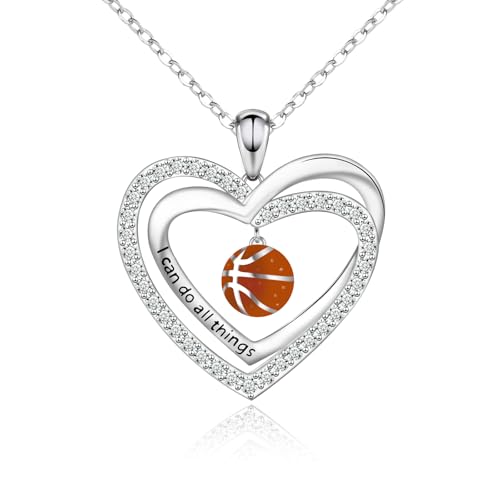 Helonley Ball Necklace for Women - 925 Sterling Silver Volleyball Basketball Football Softball Necklace Jewelry I Can Do All Things Sport Necklaces Gift for Women (Basketball Necklace)