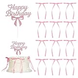 Bow Cake Topper,12 PCS Ribbon Cake Topper with 1PC Happy Birthday Sign for Coquette Birthday Party Decorations,Bowknot Cake Decorations Accessory for Women (Pink)