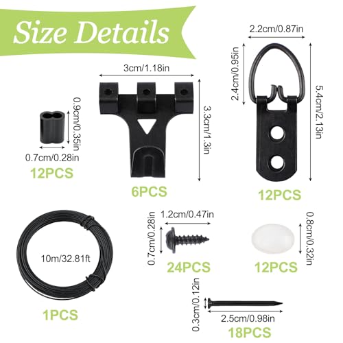 Image of Picture Hanging Kit - 1 Roll 10M Picture Wire & 6 Hanging Hooks & 12 D-Rings with Nails Heavy Duty Picture Hangers for Wall Art, Exhibitions & Galleries(Black)