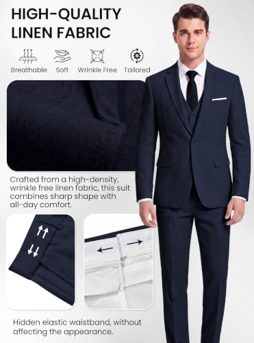 WULFUL Men's Linen Suit 3 Piece Slim Fit Suits for Men One Button Prom Wedding Party Tuxedo Suit Set Blazer Jacket Pants - Image 3