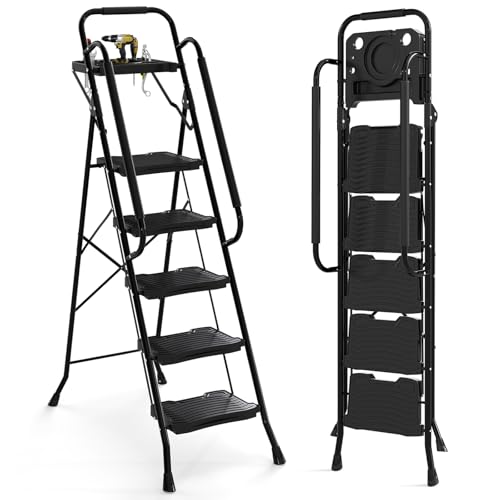 GYMAX Escabeau 5 Marches avec Plateau