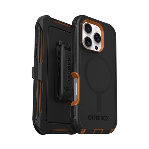 OtterBox iPhone 16 Pro (Only) - Defender Series MagSafe Case - Iron Eclipse (Black & Orange) - Holster Clip Included - Built-in Magnets - Rugged & Durable - with Port Protection