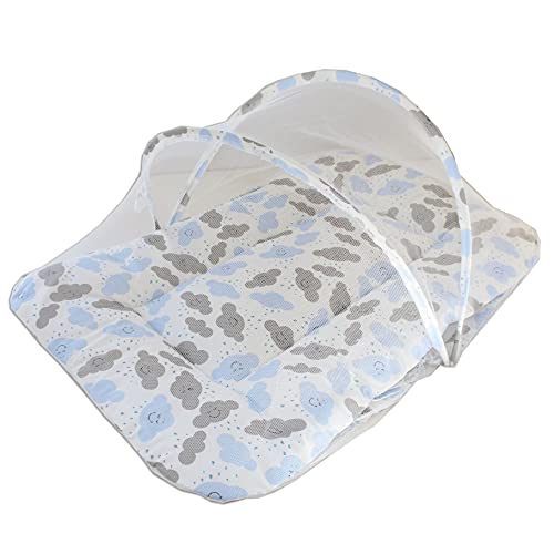Colchonete Portátil Com Mosquiteiro Para Bebê Nuvem Azul Dobrável