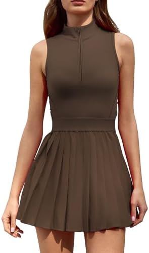 QINSEN Womens Zip Front Tennis Dress High Neck Pleated Sleeveless...