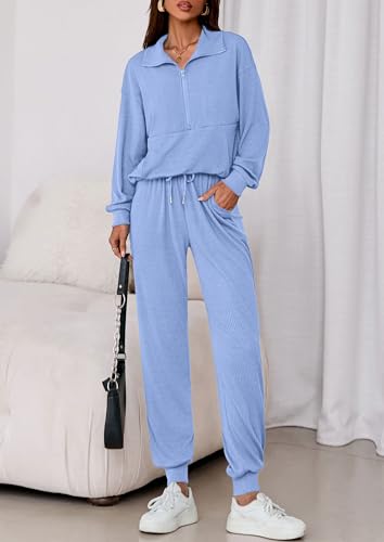 Image of PRETTYGARDEN Women 2 Piece Ribbed Knit Matching Lounge Sets | Comfy Sweat Track Suits, Athleisure Casual Outfit, Half Zip Sweatshirt & Jogger Pants, Fall Winter Clothes for Airport Travel