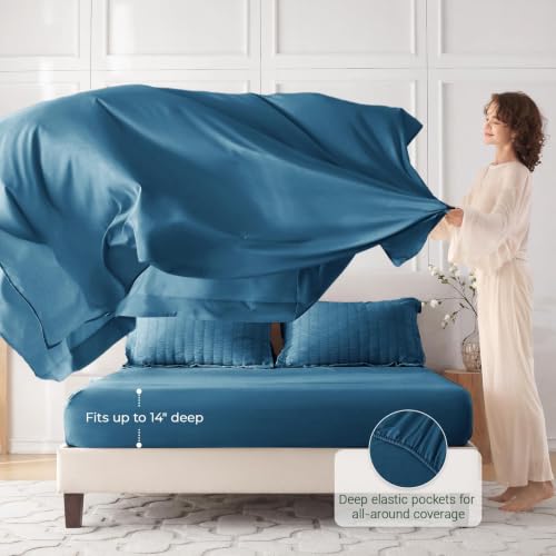 Image of MUXHOMO 7 Pieces Oversized King Comforter Set, Seersucker Bed in a Bag Oversized King Size, All Season Luxury Bedding Set with Comforter, Flat Sheet, Fitted Sheet, Pillowcases & Shams, Teal
