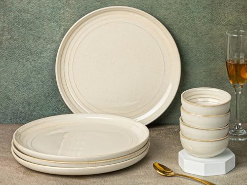 Image of Bodhi House Handcrafted Chip Resistance Porcelain Dinner Set, 8 Pieces Serving for 4, Microwave and Dishwasher Safe, Bone-ash Free, Crockery Set for Dining and Gifting, Spanish White
