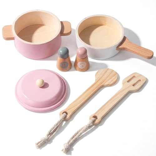 Image of WoodenEdu Premium Toddler Play Kitchen Toys, Wooden Kitchen Utensils, Accessories for Pretend Play Kitchen Set, Montessori Learning Toy, Pretend Cooking Playset, Gift for 3+ (Pink)