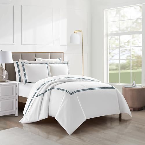 Chic Home BDS44624-AN Lewiston 3 Piece Cotton Blend Duvet Cover 1500 Thread Count Set Solid White With Embroidered Lattice Stitching Details Bedding thumb #2