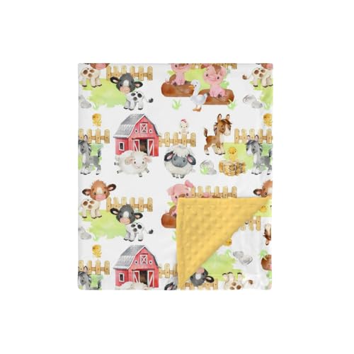 Image of HawSkgFub Farm Animals Barn Mink Baby Blanket Dotted Backing Boy Girl Gift, Yellow Cow Chicken Pig Sheep Double Layer Nursery Bed Blankets, Soft Plush Newborn Infant Toddler Kids Crib Bedding 30 x 40